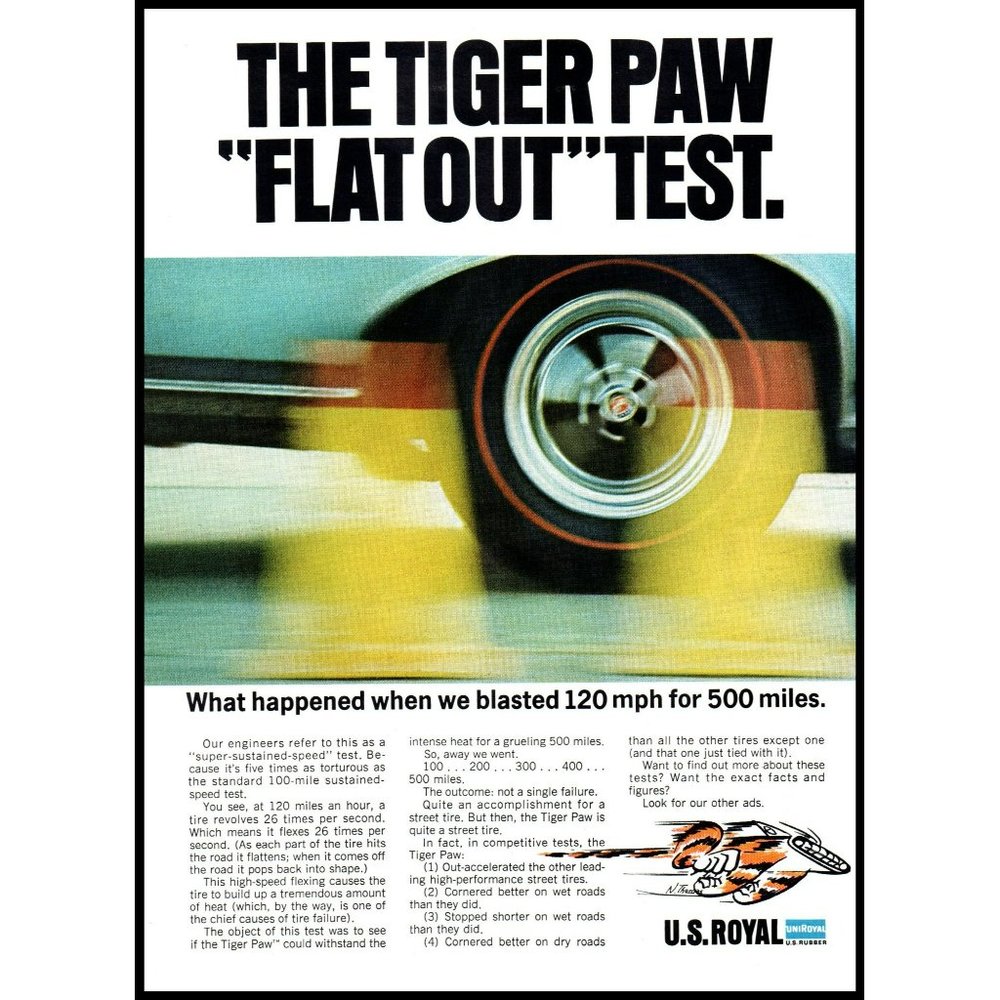 1966 US Royal Tigerpaw Tire Tiger Paw Vintage Print Ad Flat Out Test Wall Art
